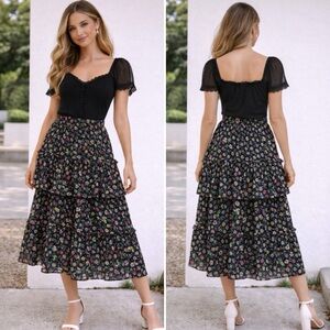 NWT ANN TAYLOR Women’s Black Floral Tiered Midi Skirt Size Small Summer Spring